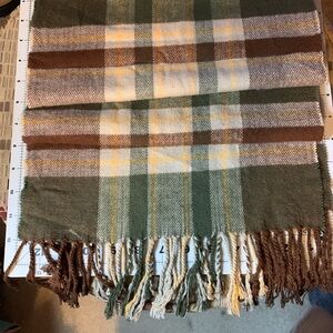 66 x 12 100% Cashmere Plaid Fringe Scarf in Green and Brown